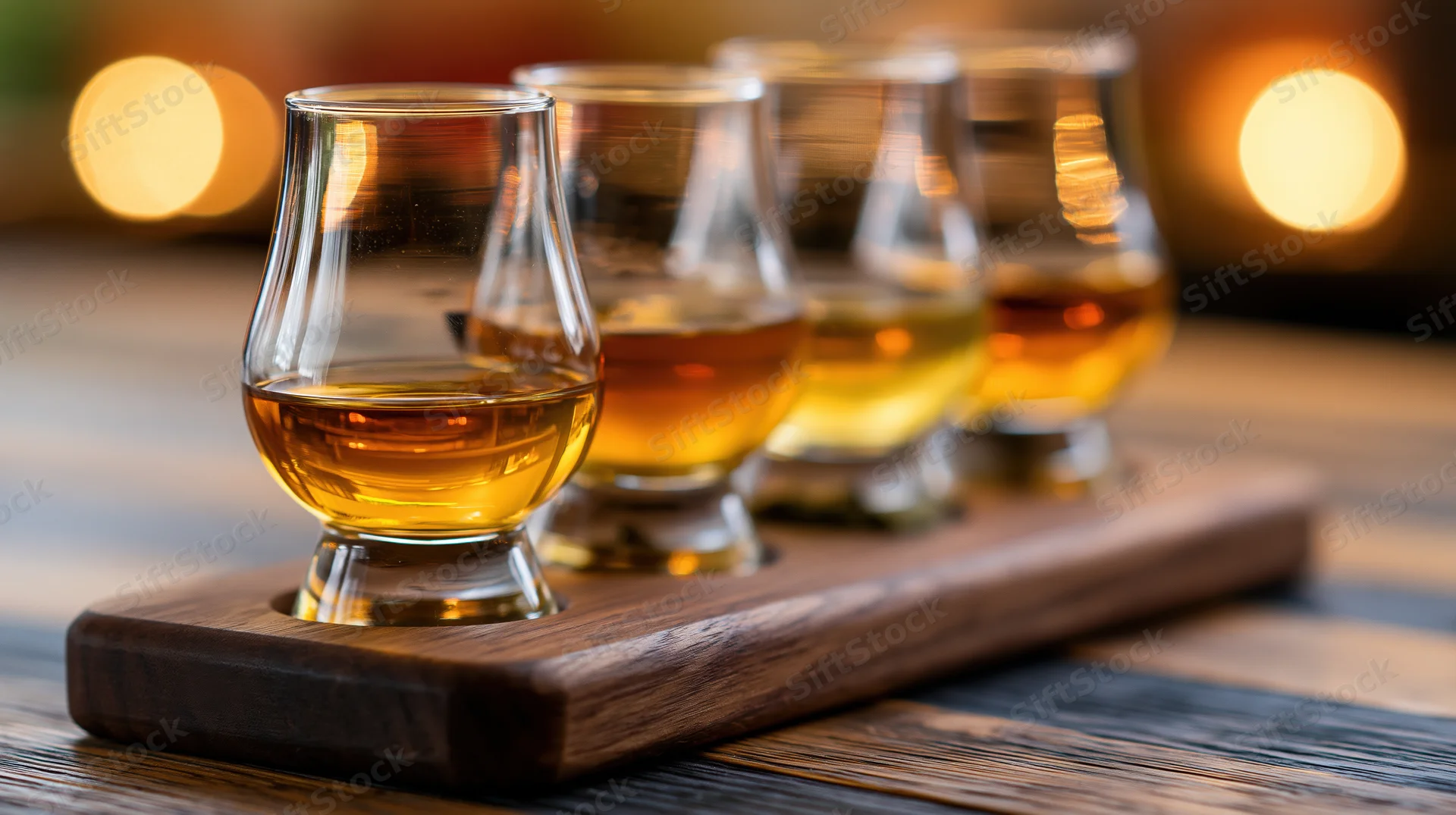 Four glencairn glasses filled with amber whisky arranged in a row on a dark wooden tray on a rustic table with warm bokeh lights in the background
