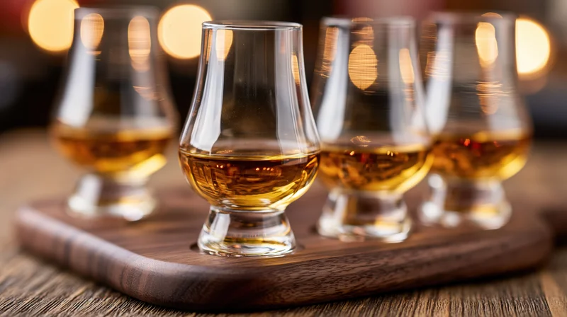 Four glencairn whisky glasses filled with amber liquid arranged in a row on a dark wooden tray