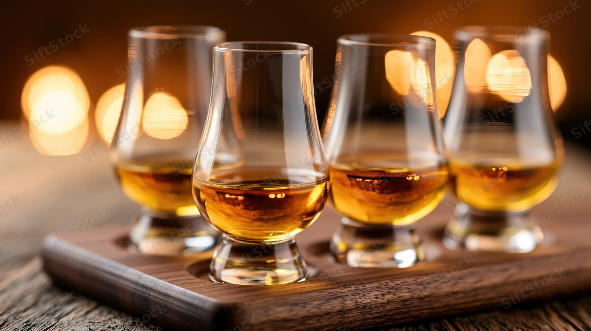 Four glencairn glasses filled with amber whisky arranged in a row on a dark wooden tray