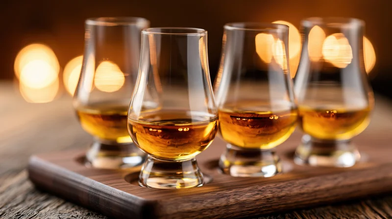 Four glencairn glasses filled with amber whisky arranged in a row on a dark wooden tray
