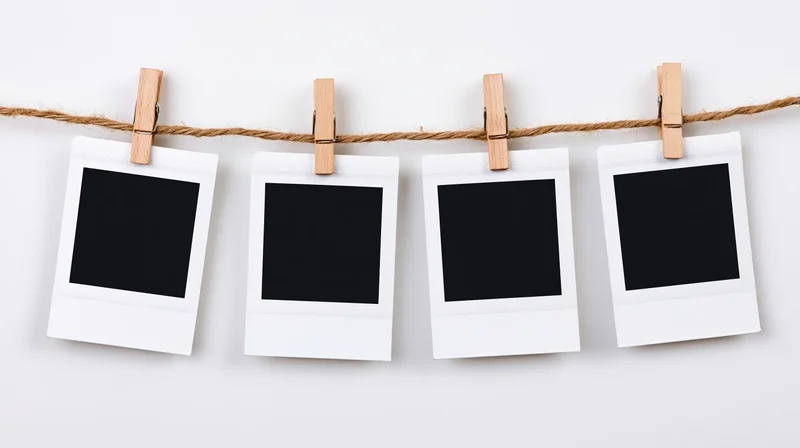 Four blank polaroid photo prints clipped to a twine line against white background