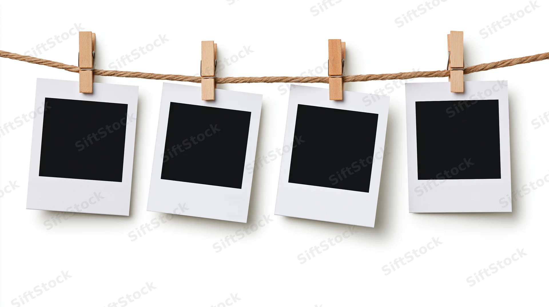 Four blank polaroid prints clipped to a rope against white background