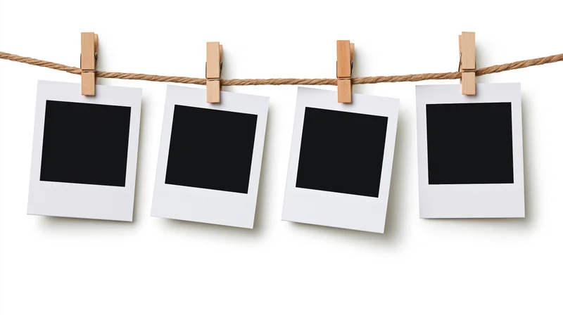 Four blank polaroid prints clipped to a rope against white background