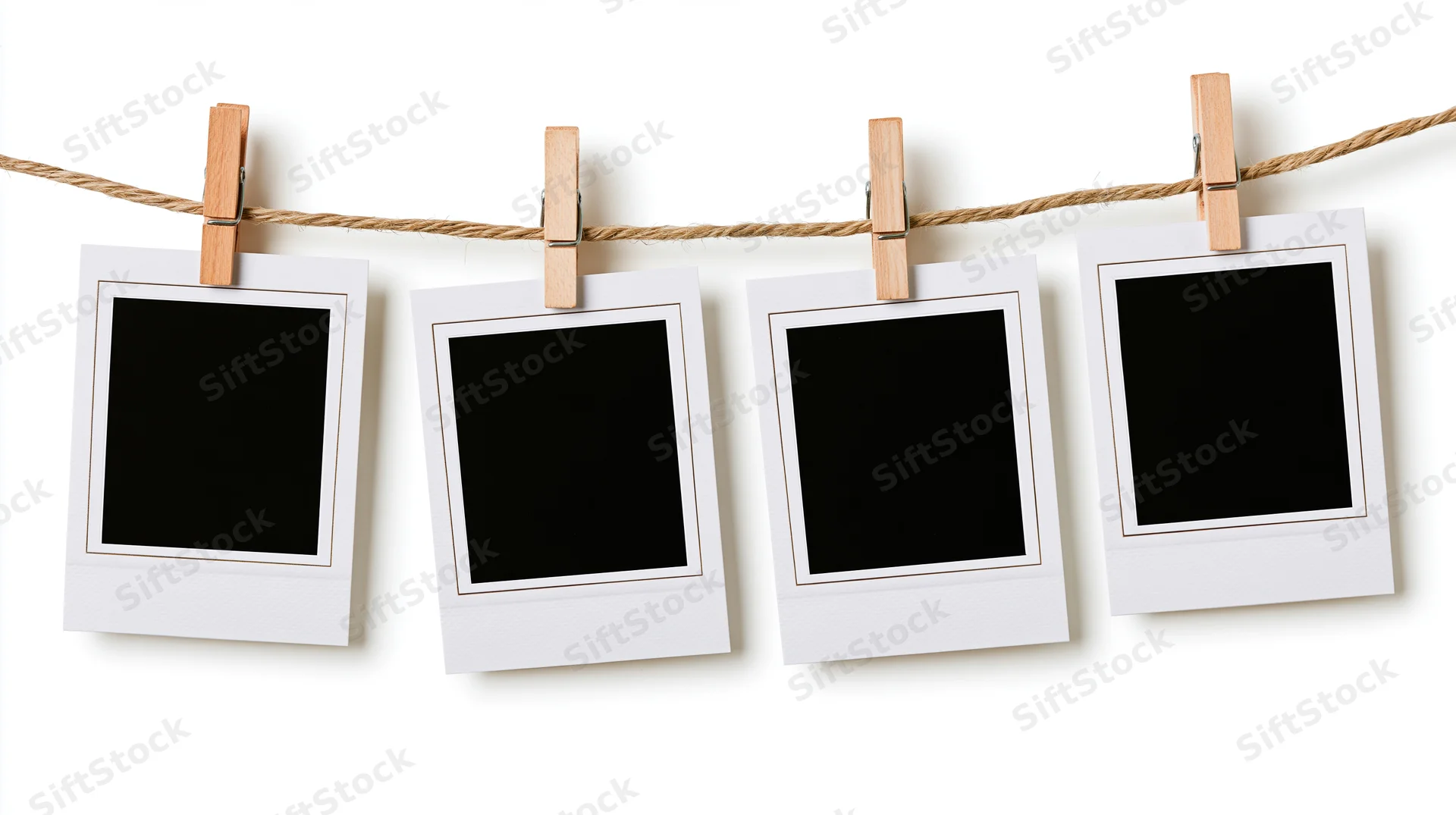 Four blank polaroid photo prints clipped to a twine cord against white background