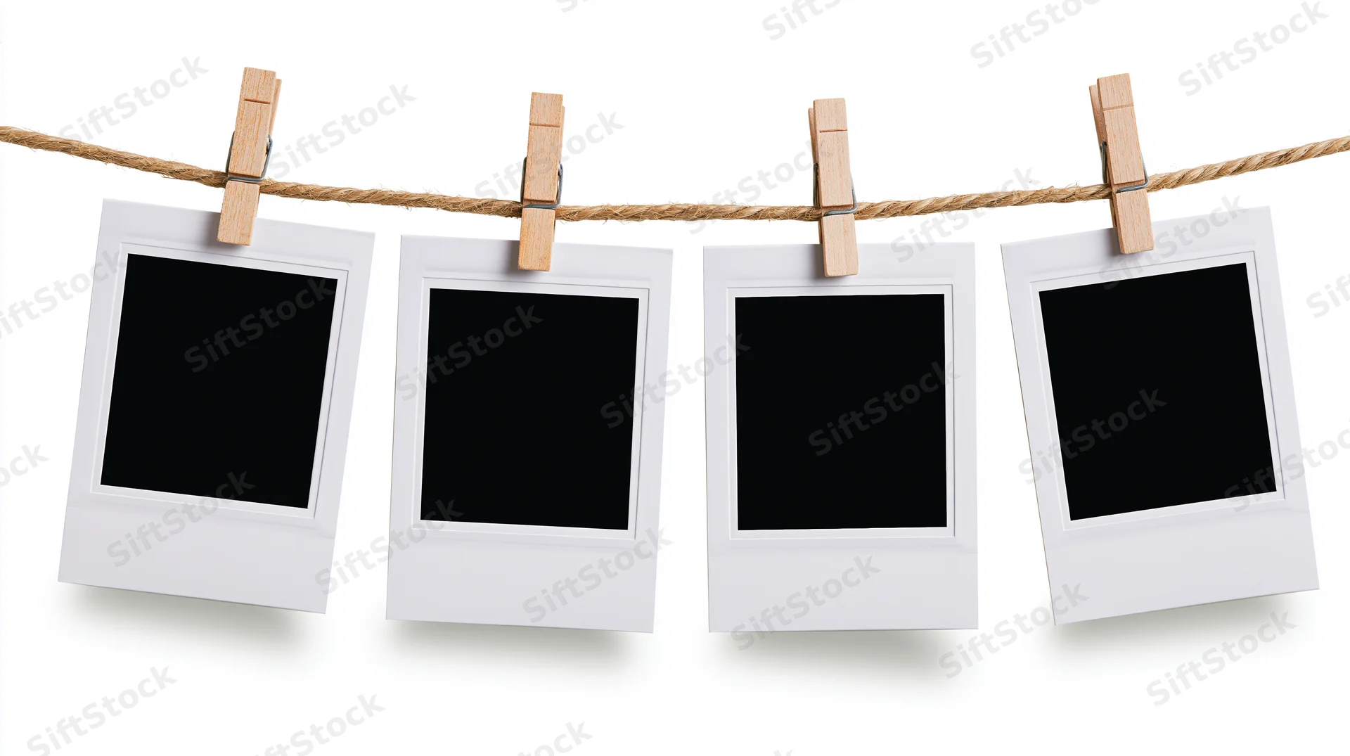 Four blank polaroid prints clipped to a rope with wooden clothespins against white background