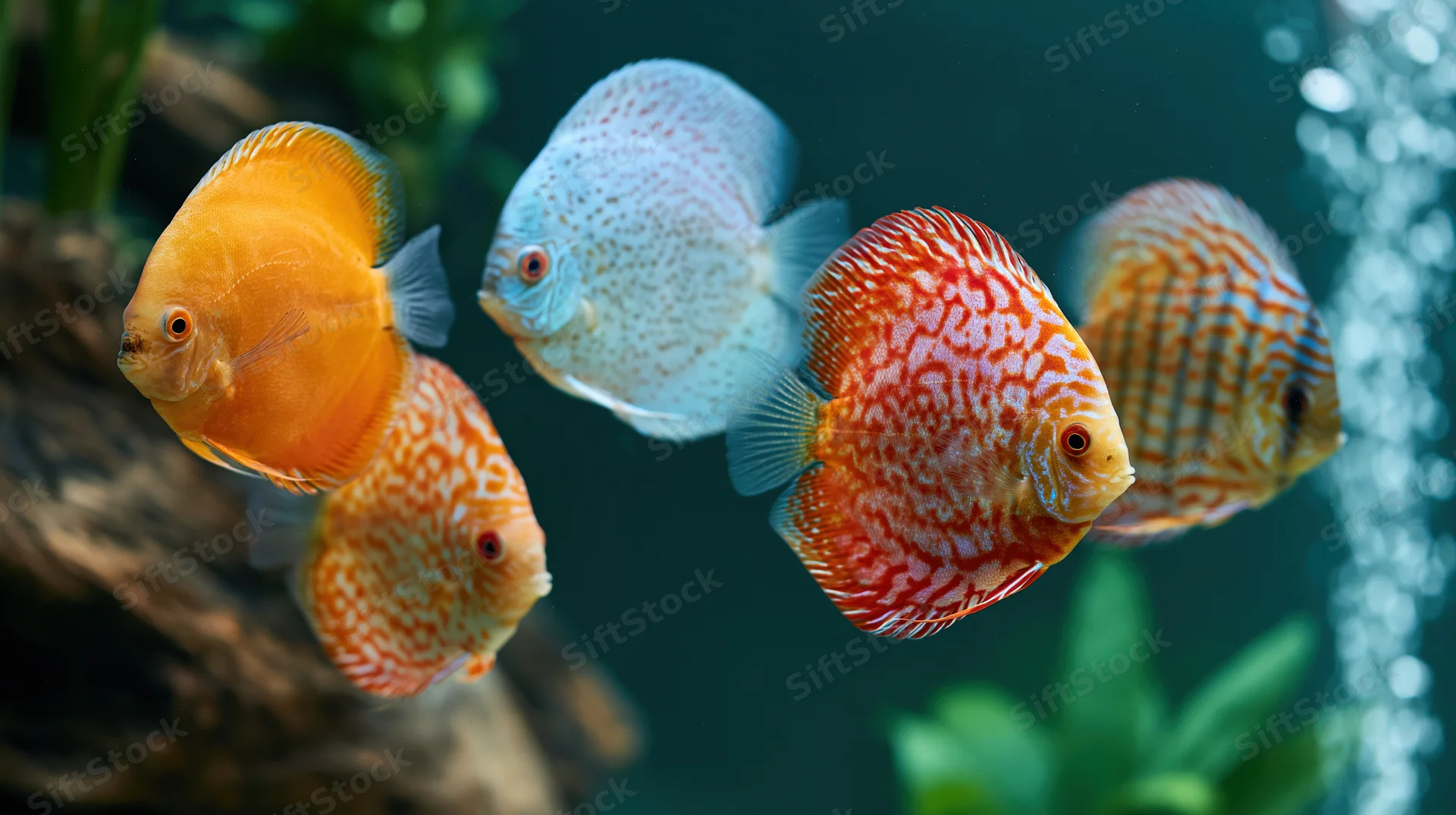 Discus fish swimming in a planted aquarium with driftwood and bubbles