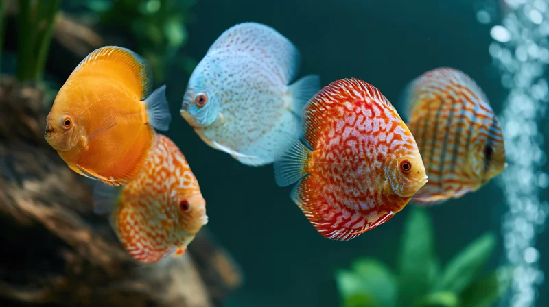 Discus fish swimming in a planted aquarium with driftwood and bubbles