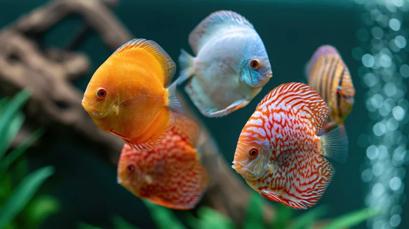 Discus fish swimming in an aquarium with plants and driftwood