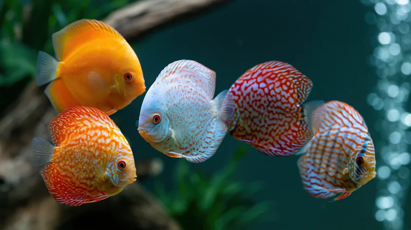 Five discus fish of varying colors swimming in an aquarium with plants and driftwood