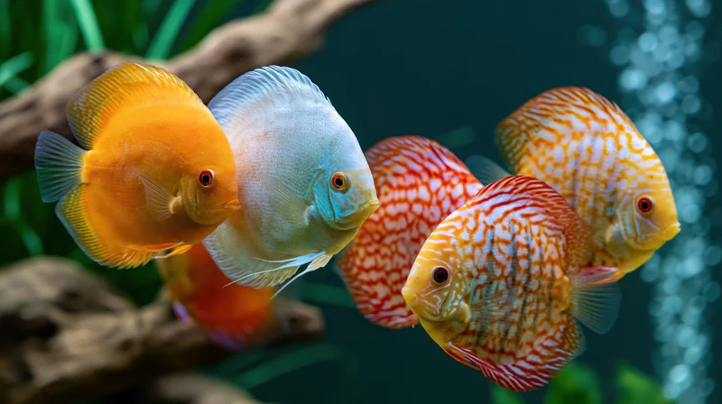 Discus fish swimming in a planted aquarium with driftwood and bubbles
