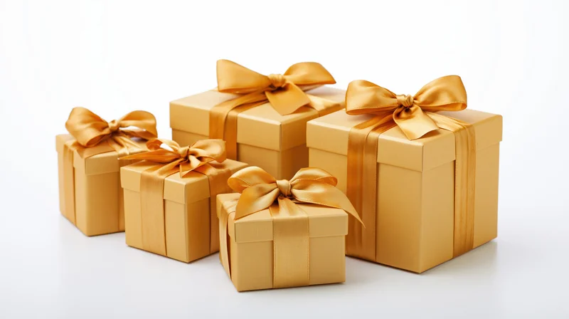 Golden gift boxes with satin ribbon bows arranged in a row on white background