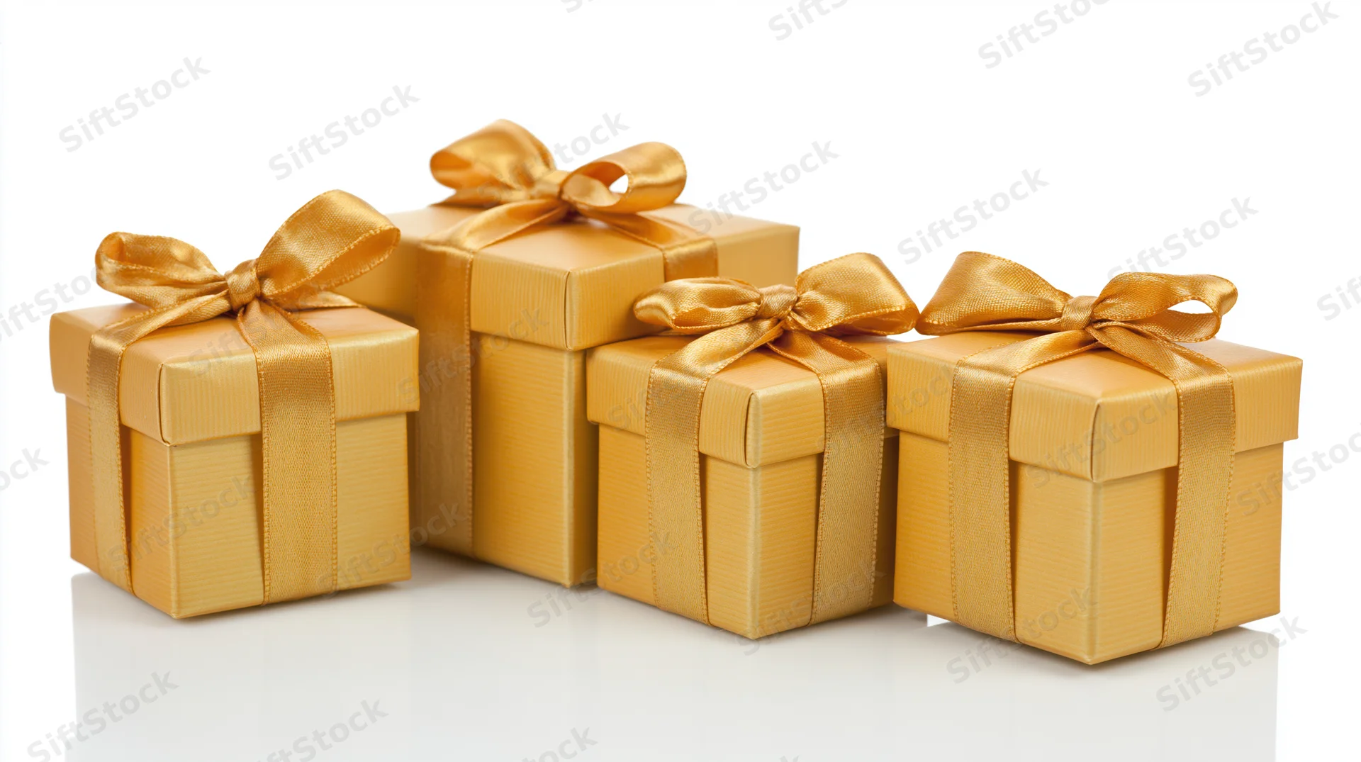 Four golden gift boxes with satin ribbon bows arranged in a row on white surface