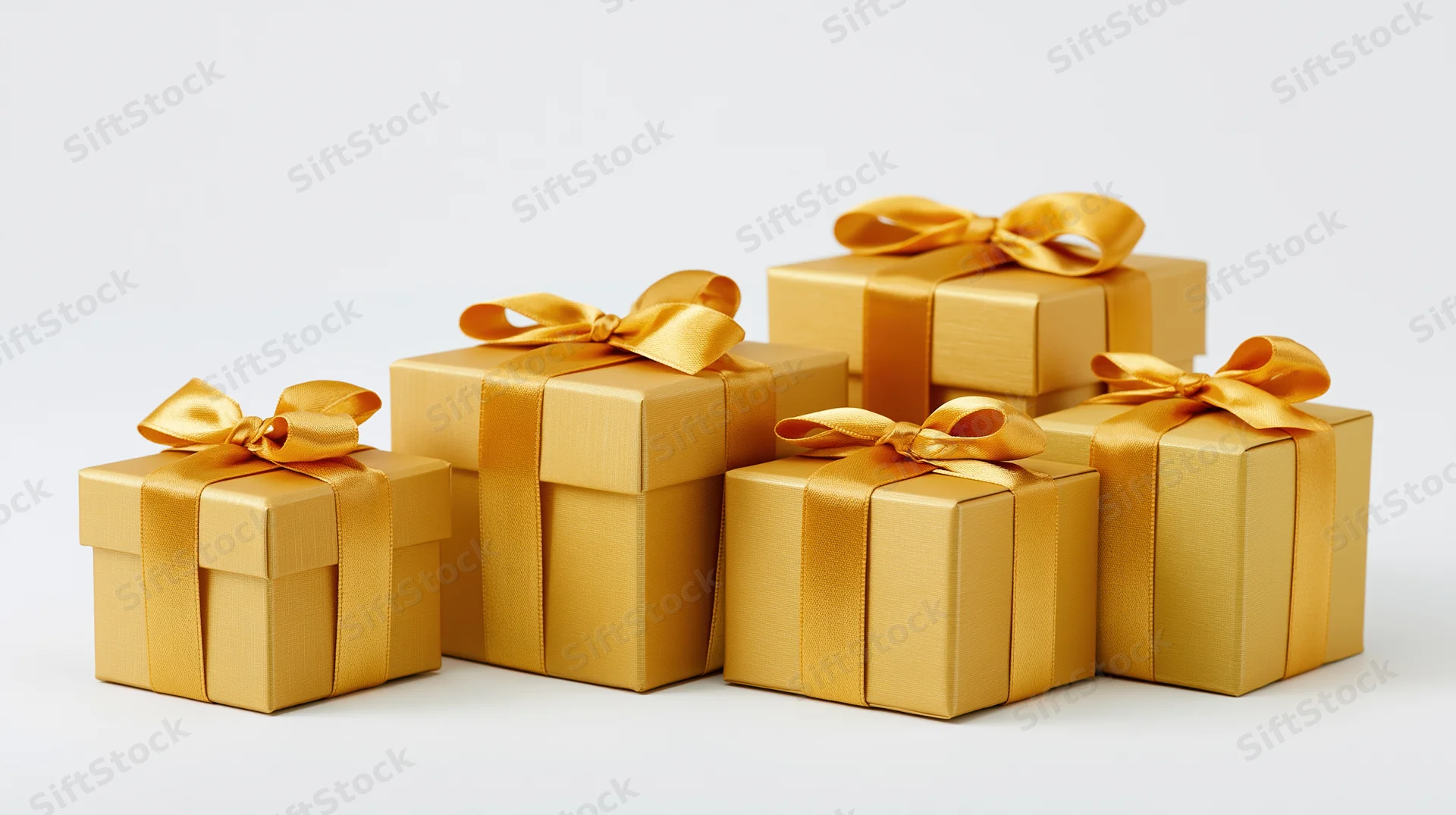 Golden gift boxes with satin ribbon bows arranged in a row on white background