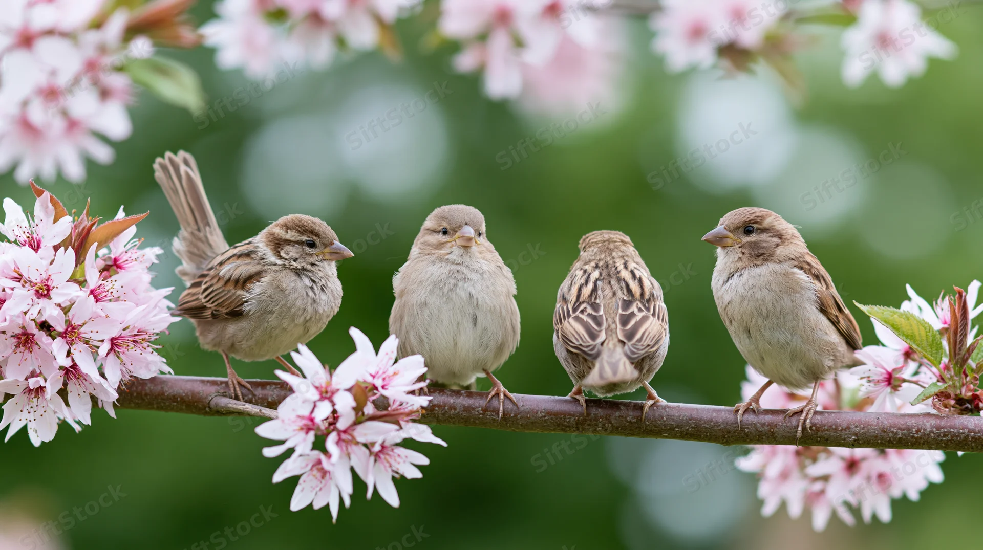 Four sparrows perched in a row on a flowering apple tree branch among pink blossoms