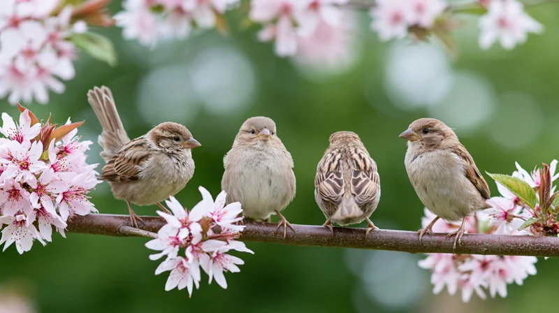 Four sparrows perched in a row on a flowering apple tree branch among pink blossoms