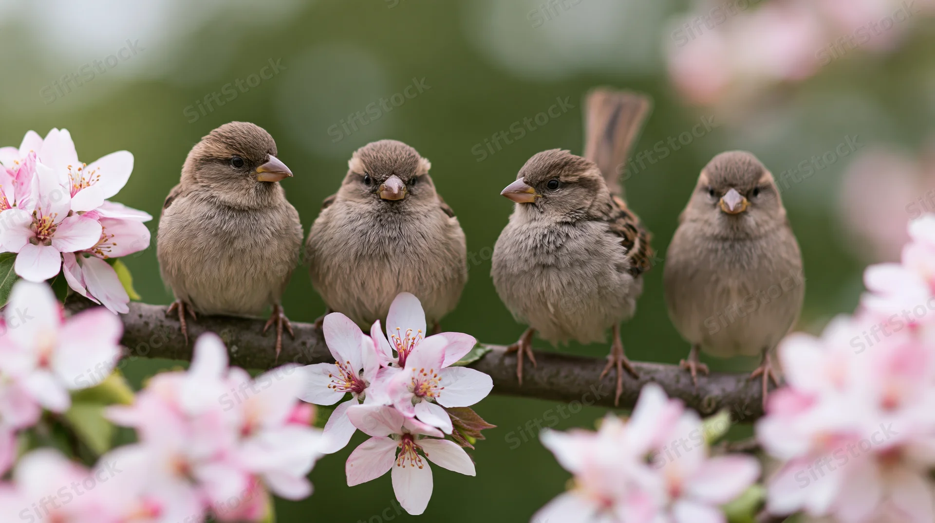 Four house sparrows perched in a row on a flowering apple tree branch surrounded by pink blossoms