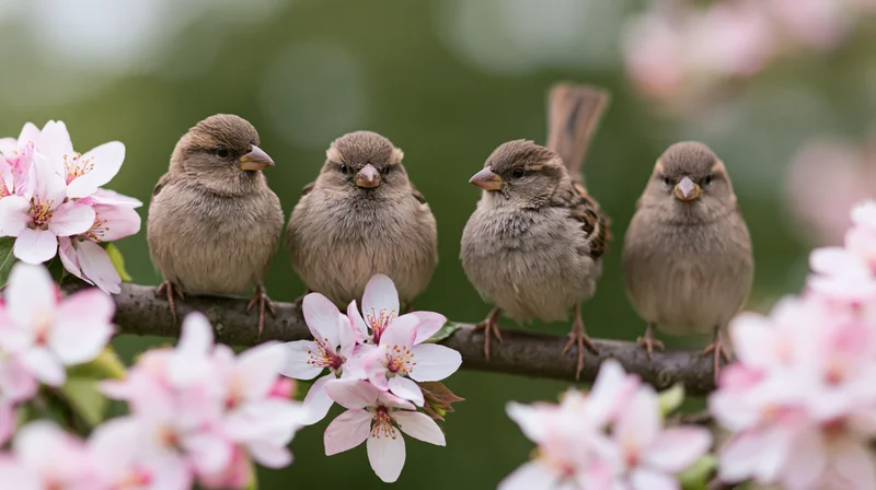 Four house sparrows perched in a row on a flowering apple tree branch surrounded by pink blossoms