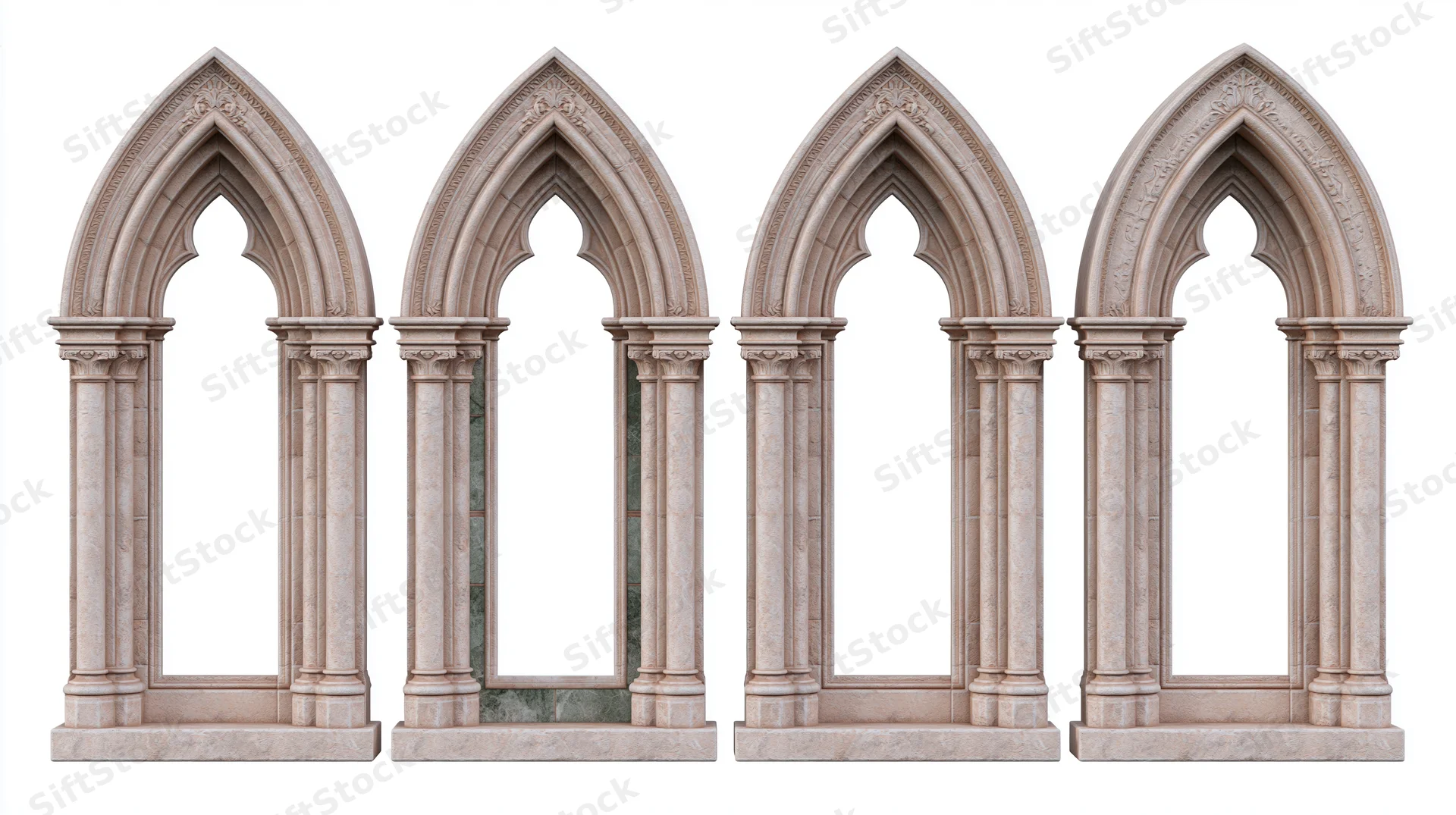 Four ornate gothic stone archway frames arranged side by side on white background