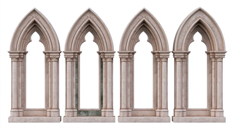 Four ornate gothic stone archway frames arranged side by side on white background
