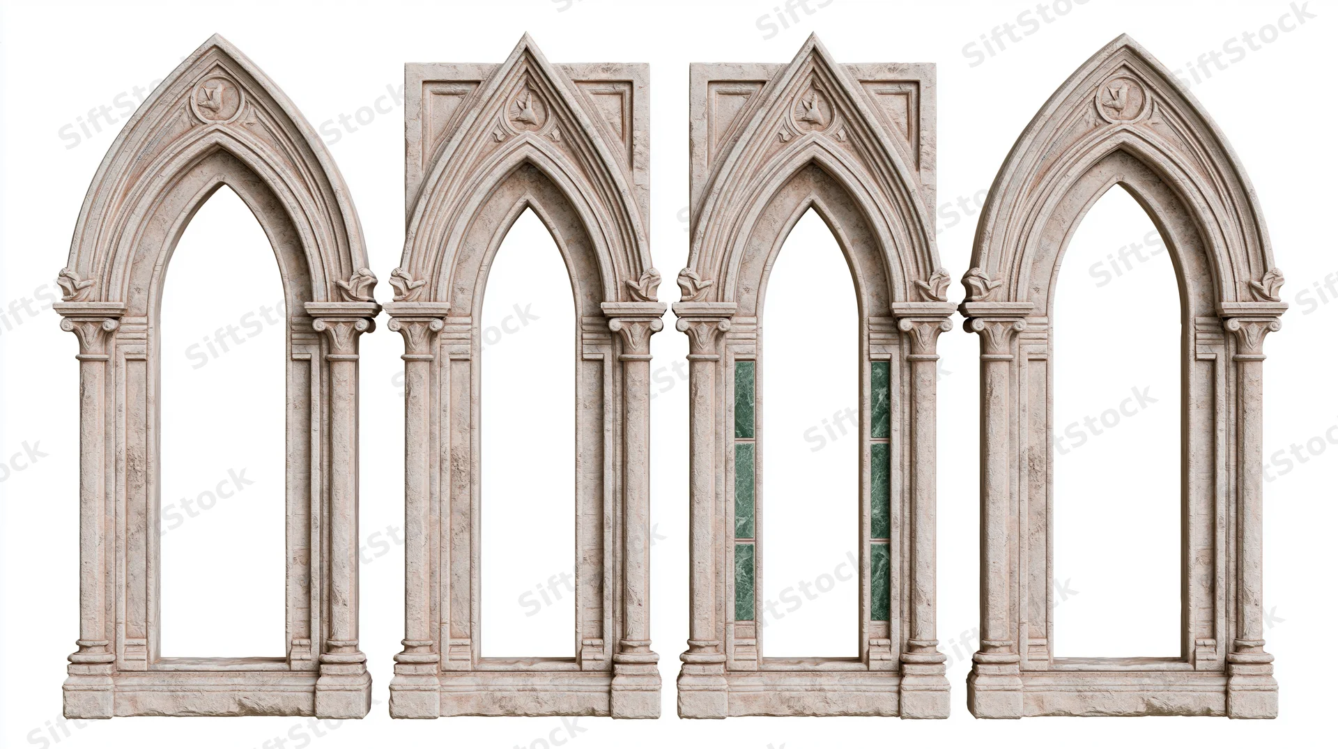 Four ornate gothic stone archway frames arranged side by side on white background