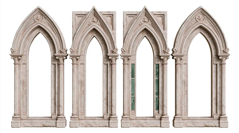 Four ornate gothic stone archway frames arranged side by side on white background