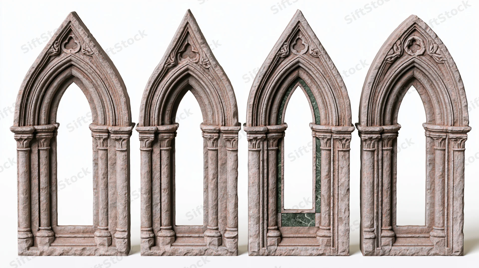 Four ornate gothic stone archway frames arranged side by side on white background
