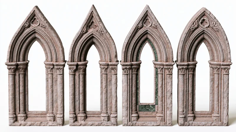 Four ornate gothic stone archway frames arranged side by side on white background