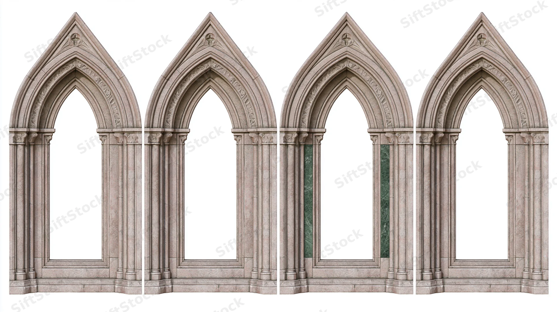 Four ornate gothic stone archway frames arranged side by side on white background