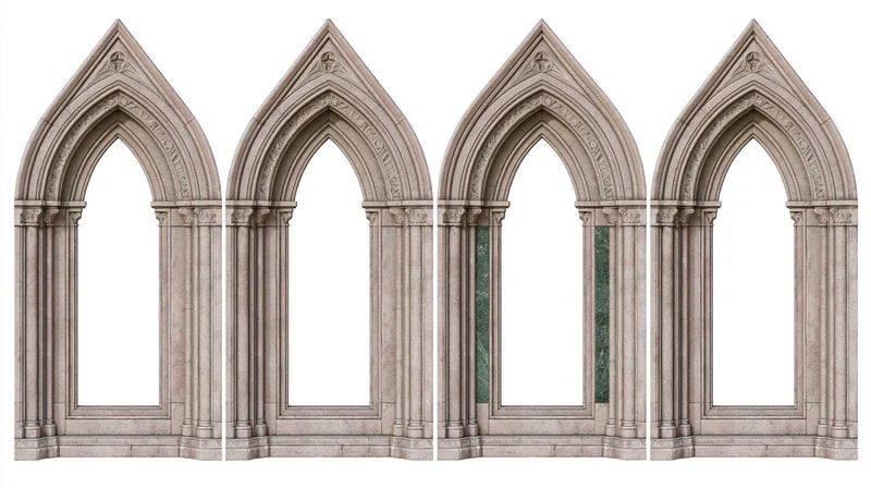 Four ornate gothic stone archway frames arranged side by side on white background