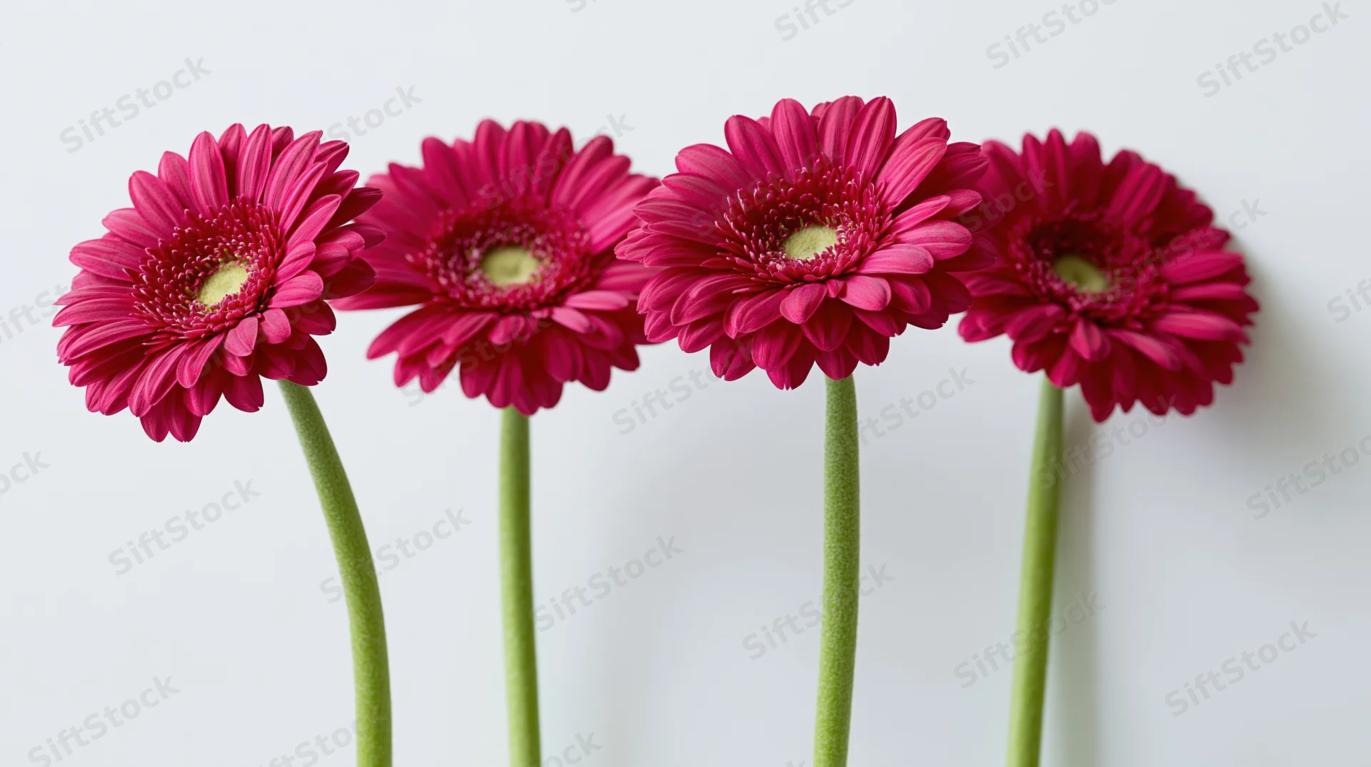 Four pink gerbera daisies with long green stems arranged in a row against a white background