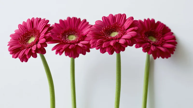 Four pink gerbera daisies with long green stems arranged in a row against a white background