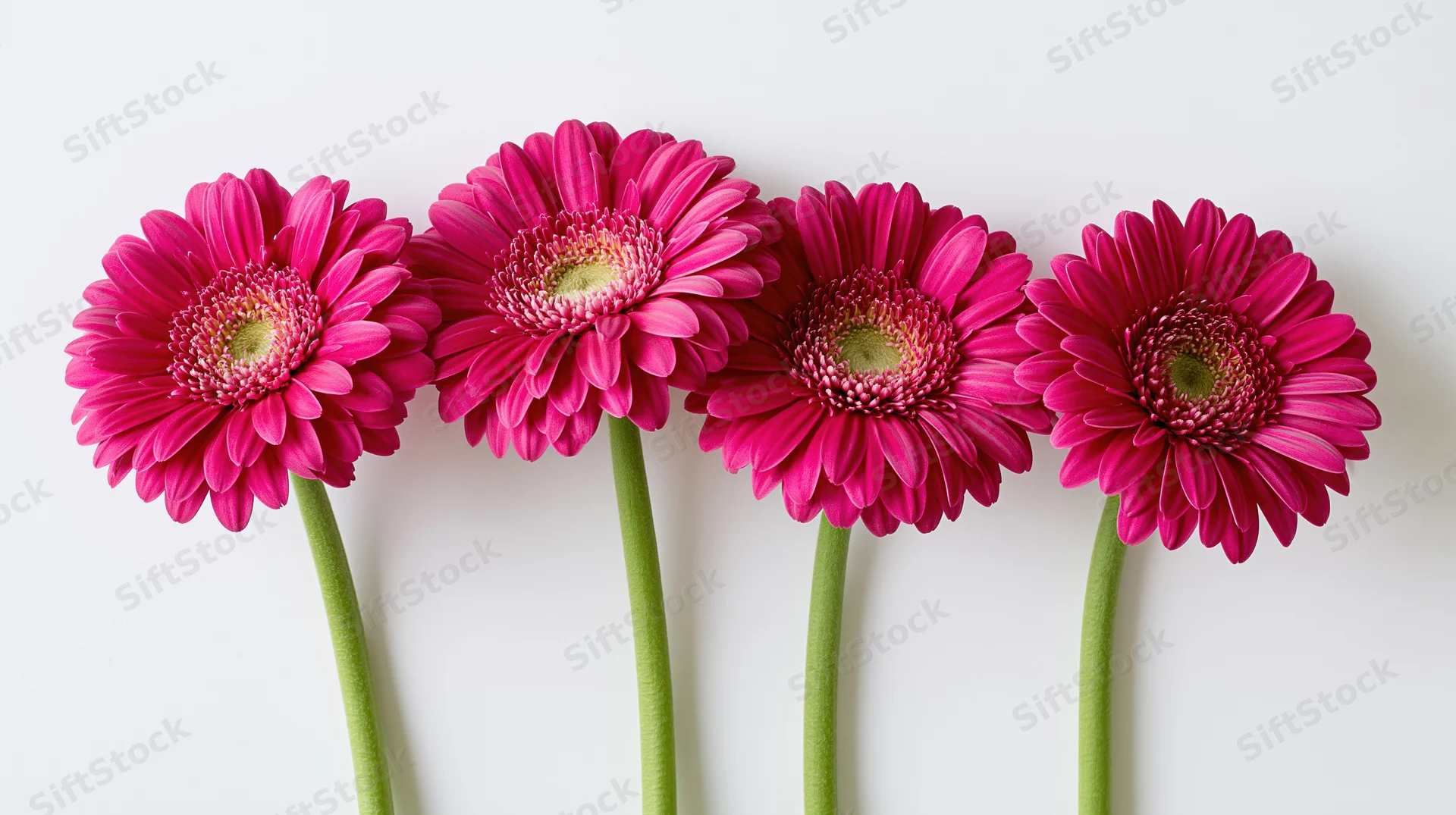 Four pink gerbera daisies with long green stems arranged in a row against a white background