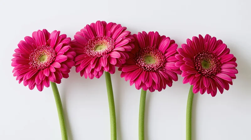 Four pink gerbera daisies with long green stems arranged in a row against a white background