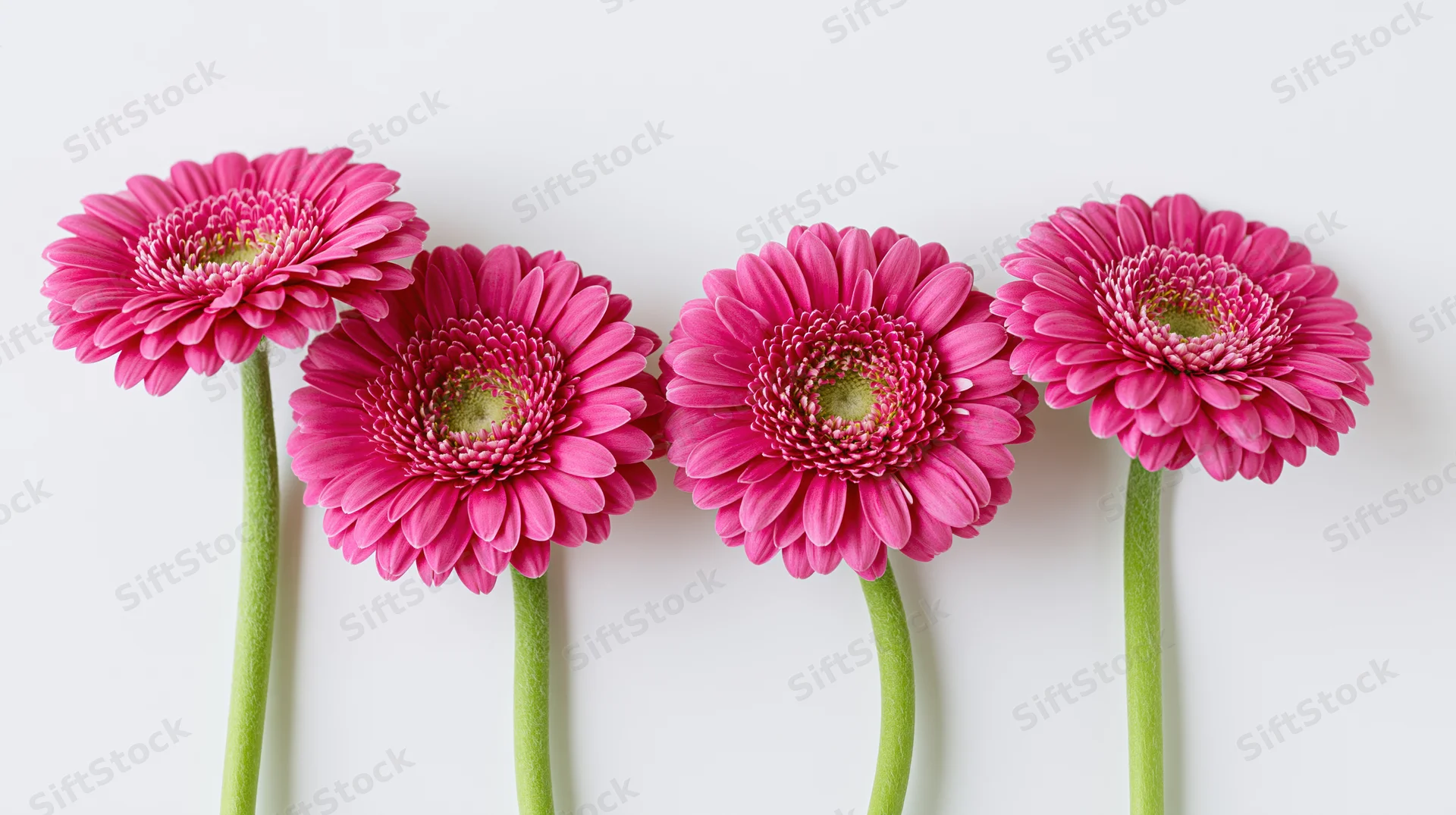 Four pink gerbera daisies with long green stems arranged in a row on white background