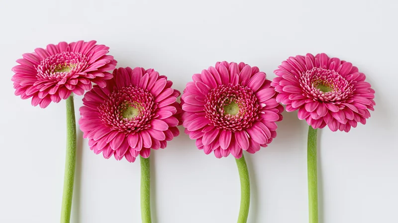 Four pink gerbera daisies with long green stems arranged in a row on white background