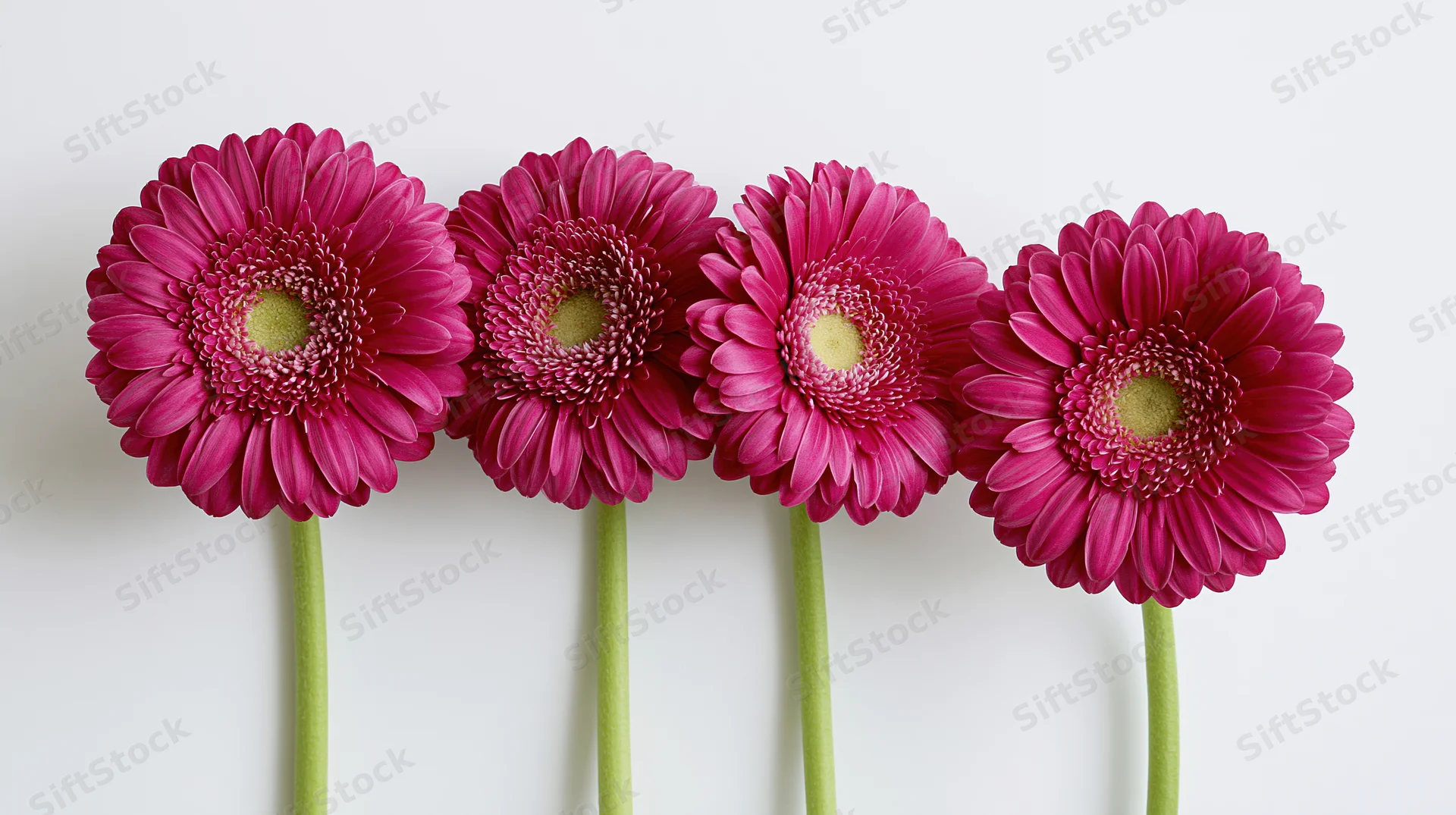 Four pink gerbera daisies in a row with green stems against white background