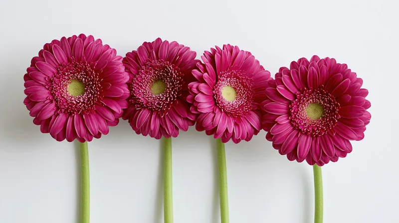 Four pink gerbera daisies in a row with green stems against white background