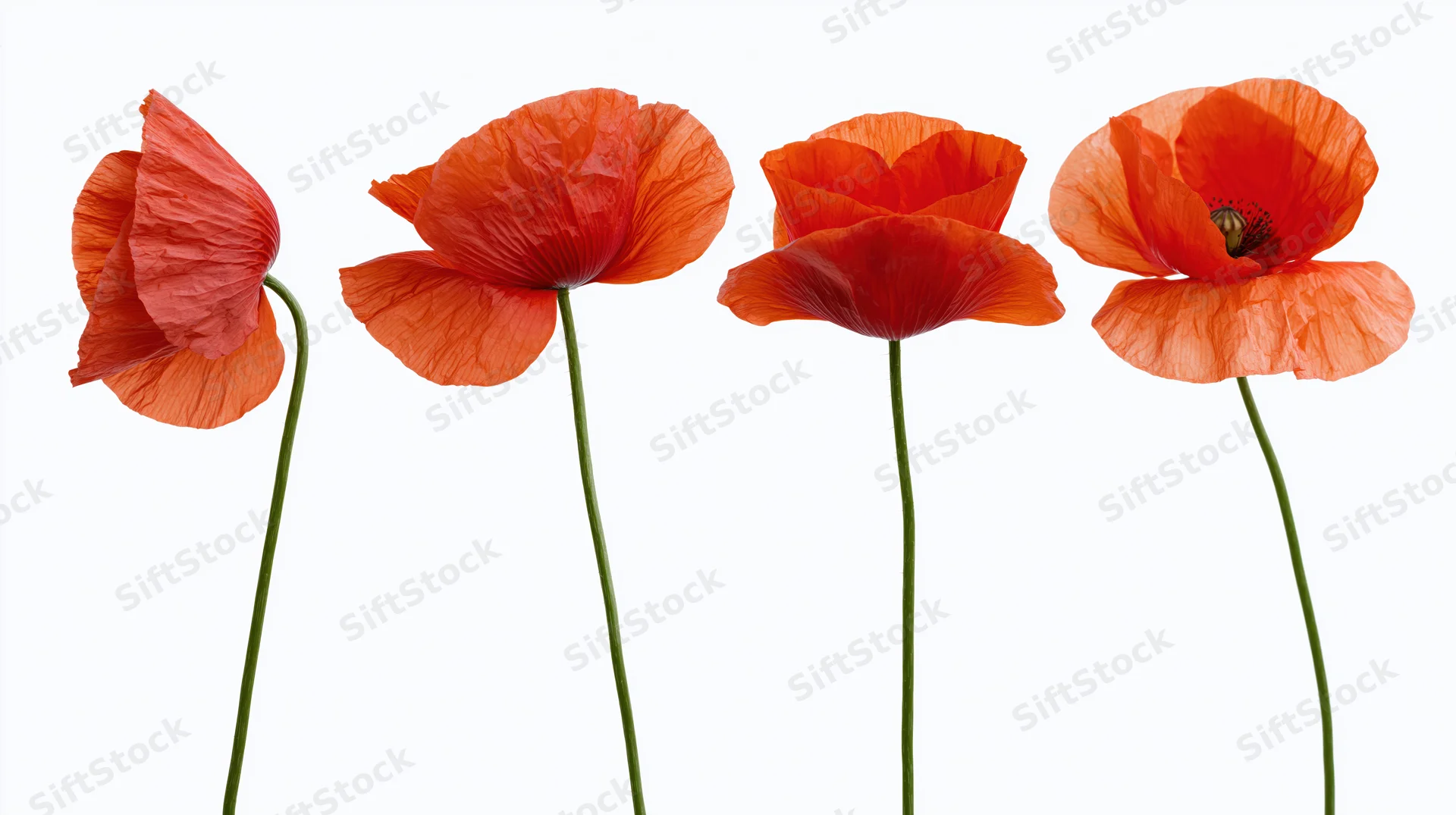 Four red poppy flowers in a row on white background