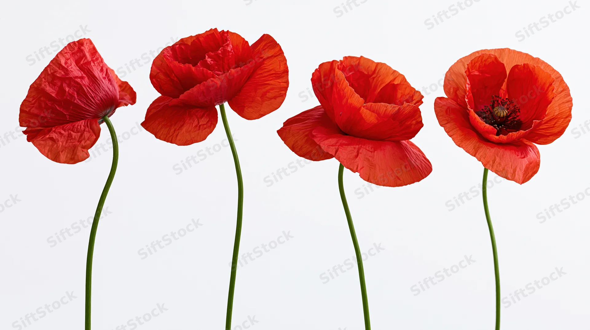 Four red poppy flowers in a row on white background with green stems