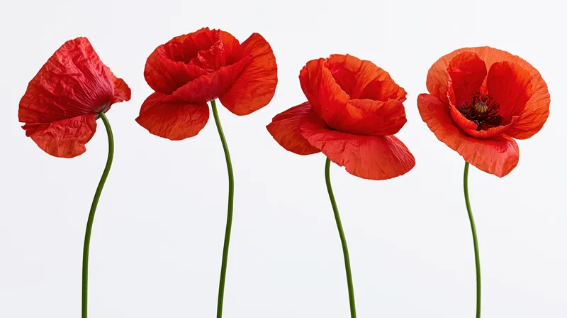 Four red poppy flowers in a row on white background with green stems