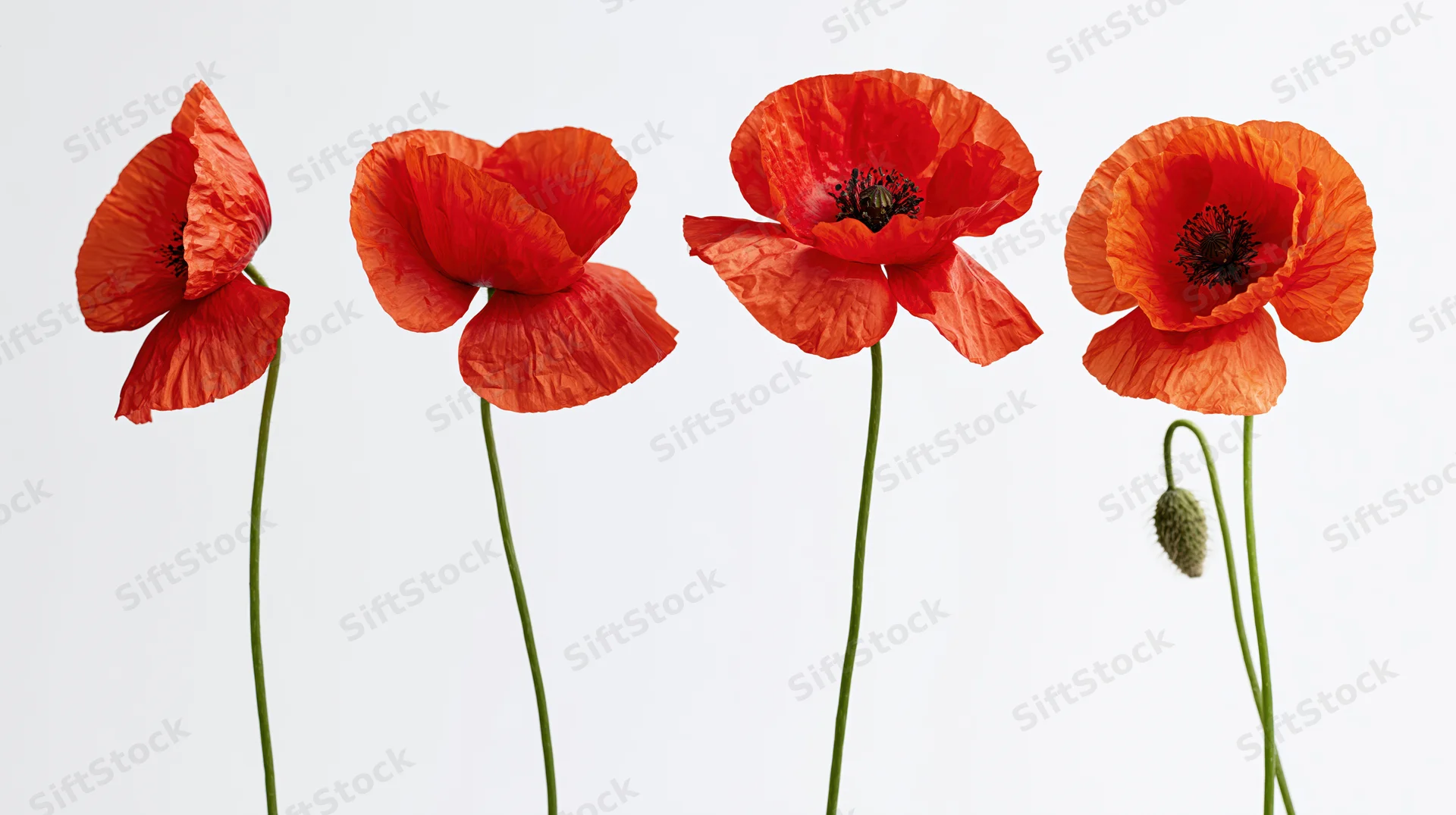 Four red poppies in a row with green stems against white background