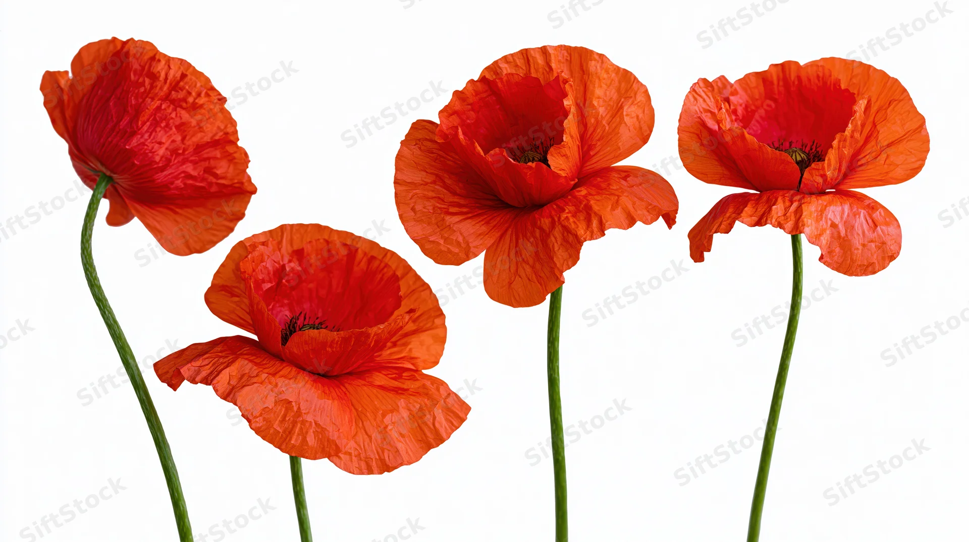 Four red poppy flowers with green stems arranged in a row against a white background