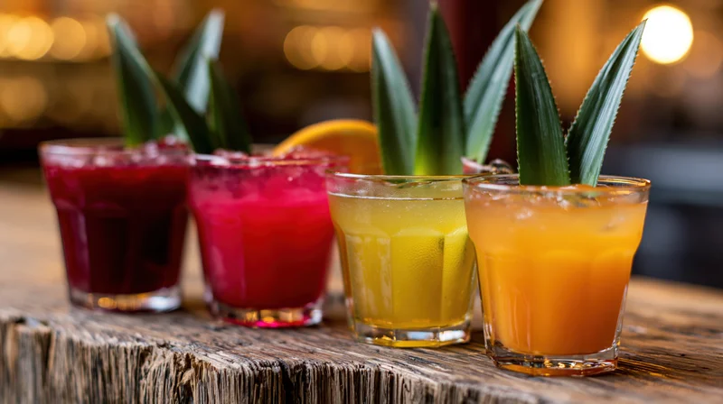 Four colorful cocktails garnished with pineapple leaves on a rustic wooden bar