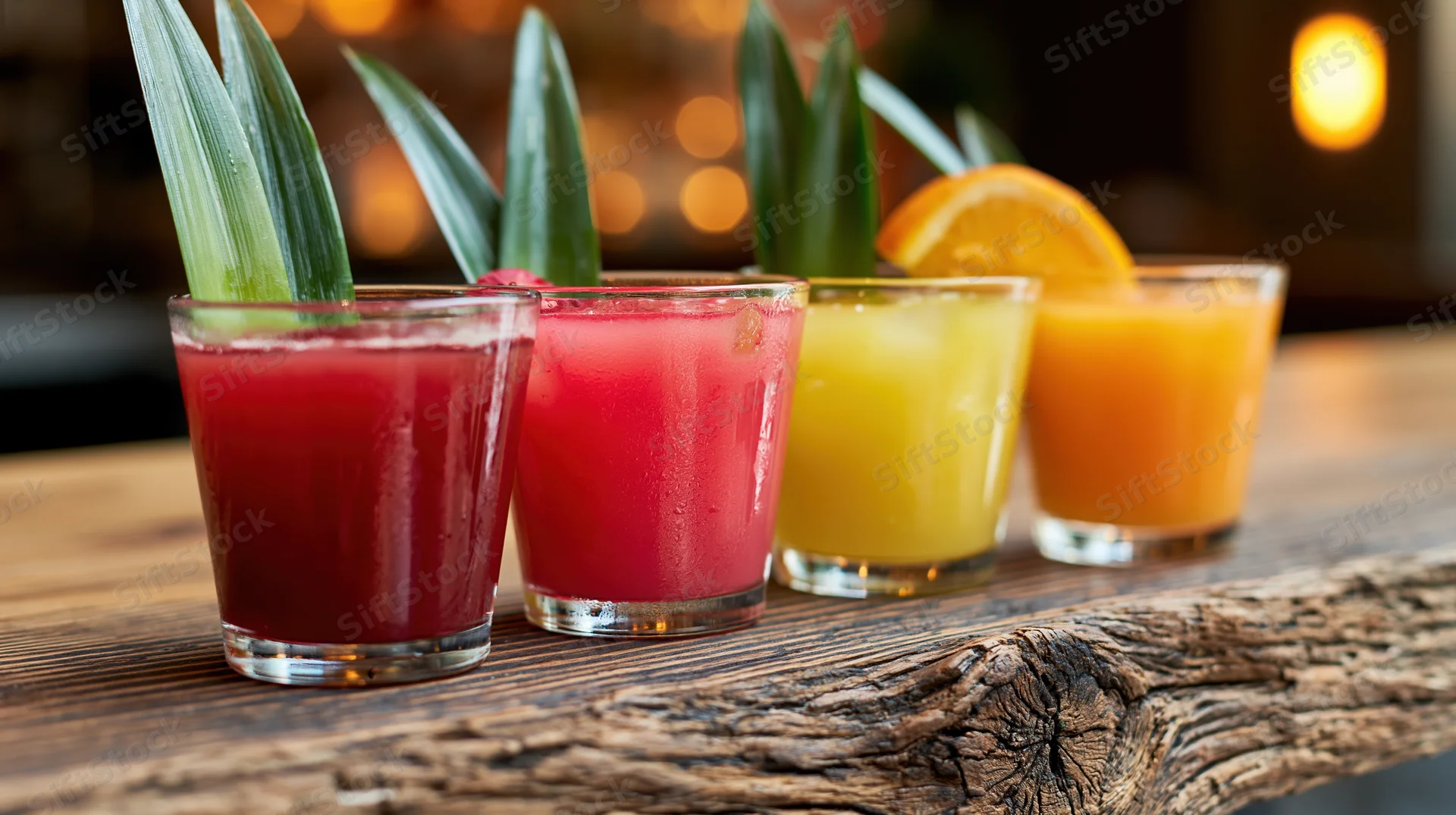 Four short cocktail glasses with fruit garnishes arranged on a weathered wooden bar counter