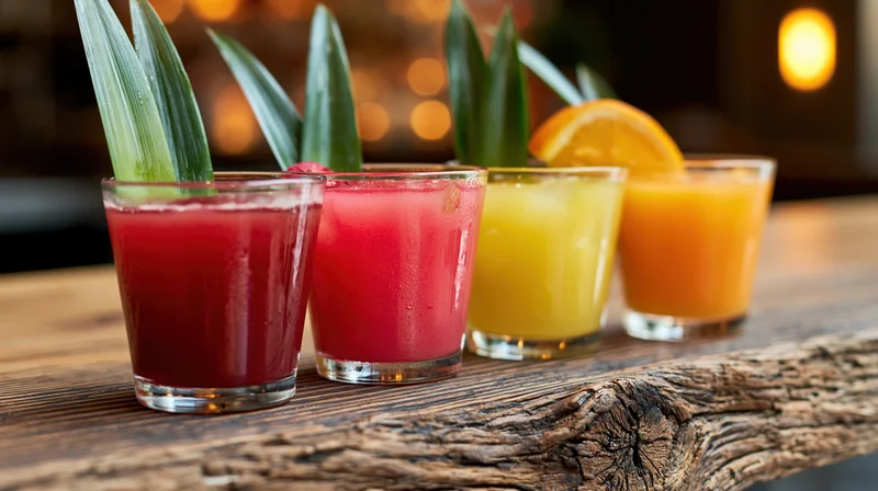 Four short cocktail glasses with fruit garnishes arranged on a weathered wooden bar counter