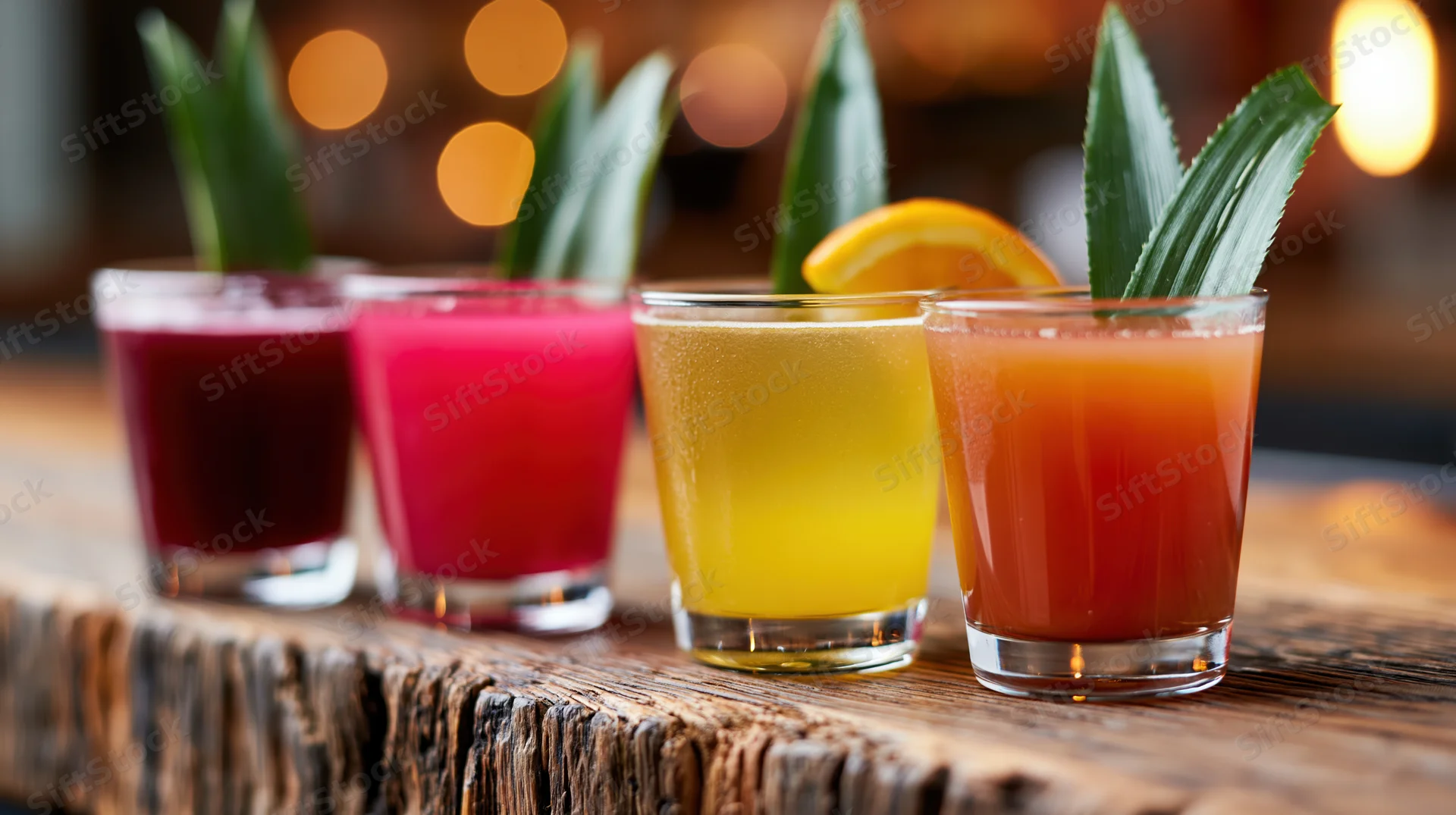 Four colorful cocktails in short glasses garnished with pineapple leaves and orange slice on a rustic wooden surface