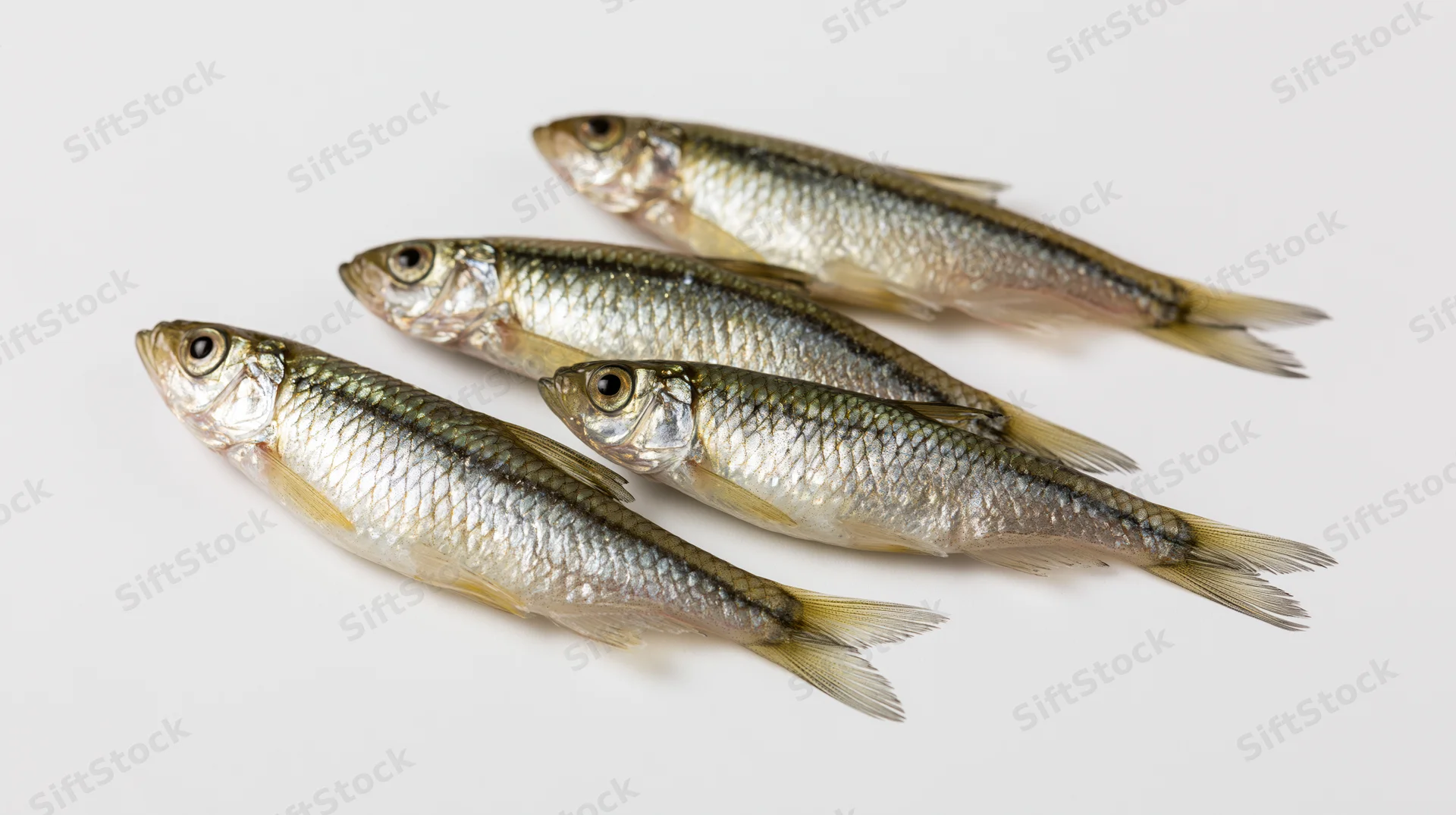 Four small freshwater minnows arranged diagonally on a white surface
