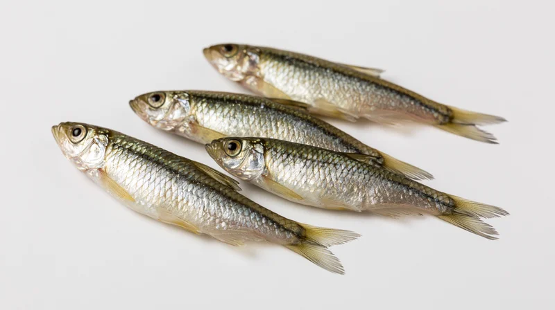 Four small freshwater minnows arranged diagonally on a white surface