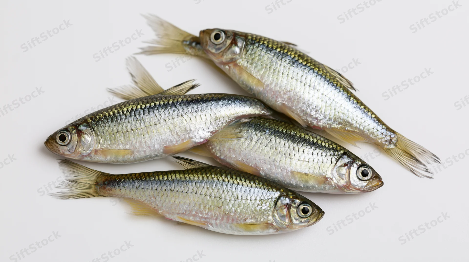 Four small freshwater minnows arranged in a loose diagonal on a white background