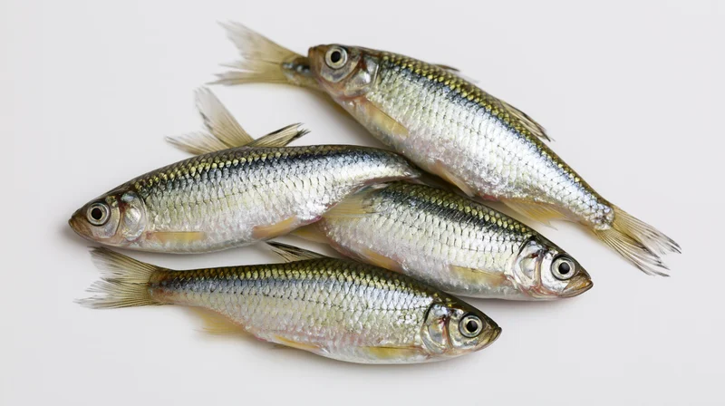 Four small freshwater minnows arranged in a loose diagonal on a white background